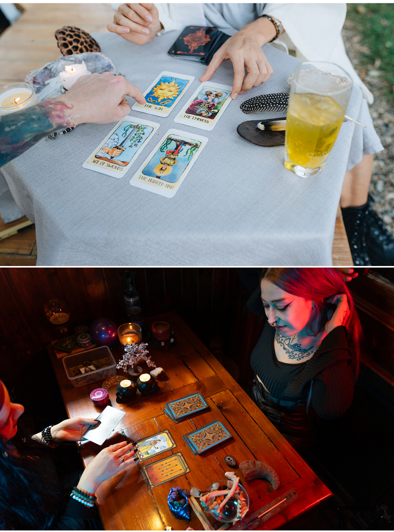 Two different style images of tarot readers at an event