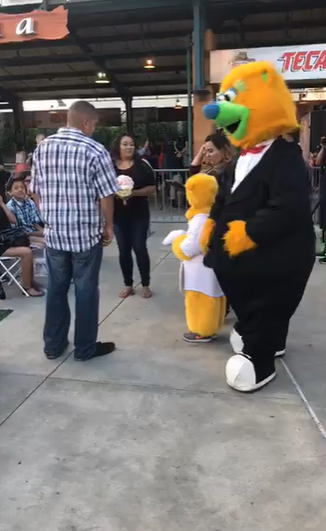 Parker T. Bear mascot officiates a wedding for fans in front of a large audience