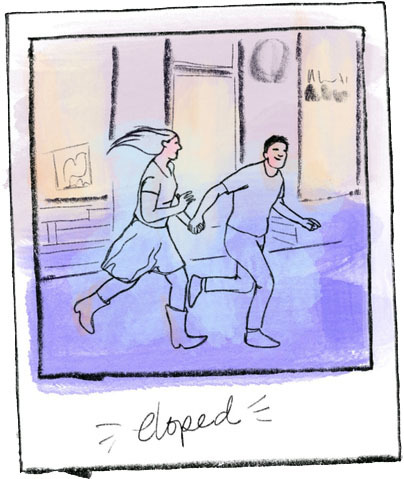 Ilustración, recién casados corriendo tomados de la mano en la ciudad.