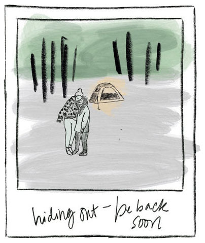 Ilustración de Jessica Levey: una joven pareja LGBTQ posa con ropa informal en su campamento después de una boda de senderismo en la naturaleza.