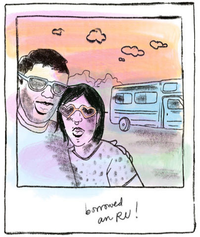 Ilustración de Jessica Levey: los recién casados posan felices junto a una casa rodante que tomaron prestada para su boda en carretera o escapada de aventura.