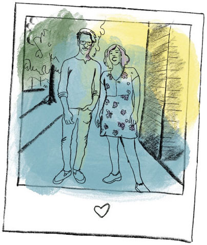 Illustration, newlyweds pose for a photo outside on the sidewalk