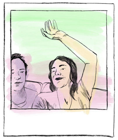 Illustration, newlyweds sit together on the couch smiling, the bride waves toward the camera