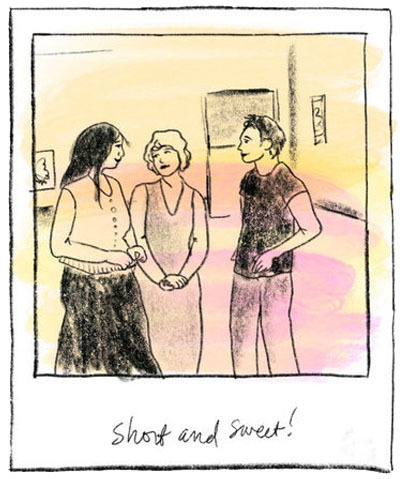 Illustration, newlyweds stand with their wedding officiant during a simple elopement ceremony 