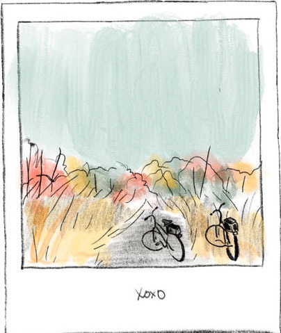Illustration, two bicycles in a colorful field