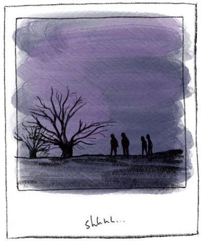 Illustration by Jessica Levey, a romantic moonlit night, two figures standing in a field next to a tree