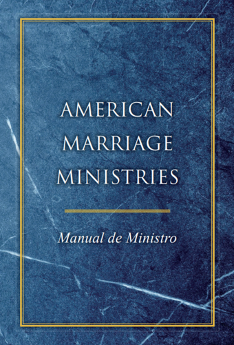 La imagen del producto muestra la portada del Manual del Ministro de AMM, cubierta azul jaspeada con letras blancas.