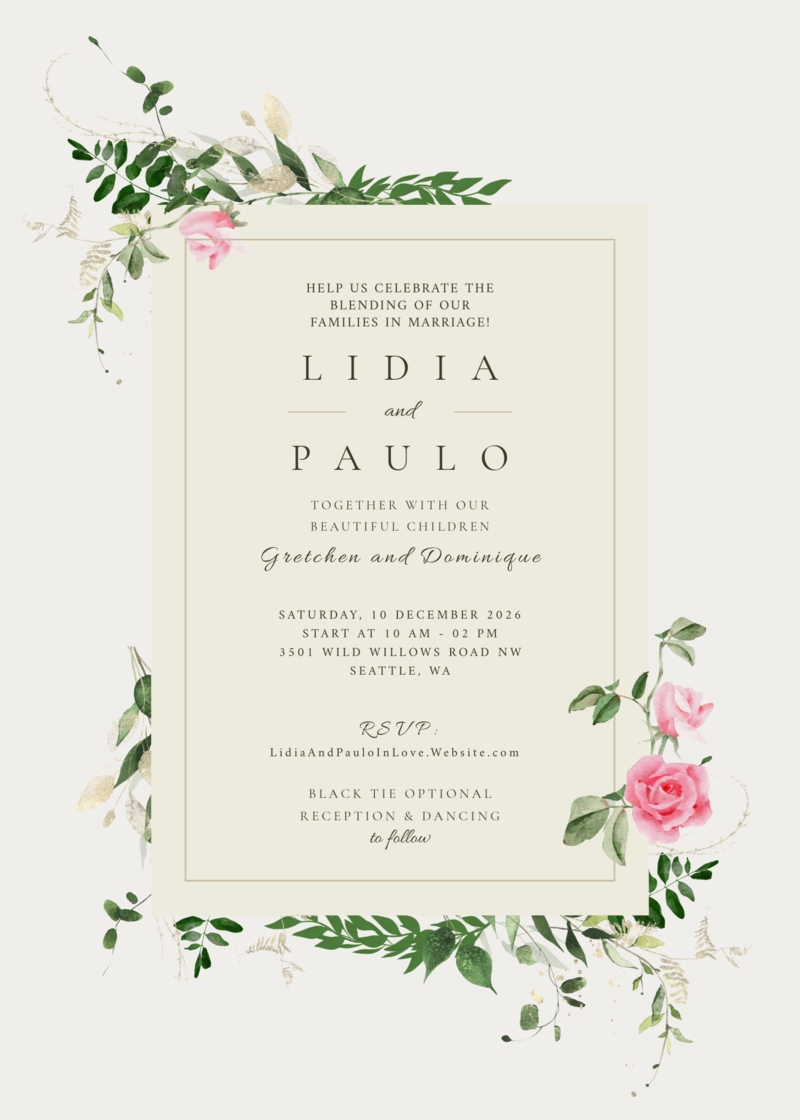 Sample wedding invitation, with roses, decorative text with couples name and wedding details