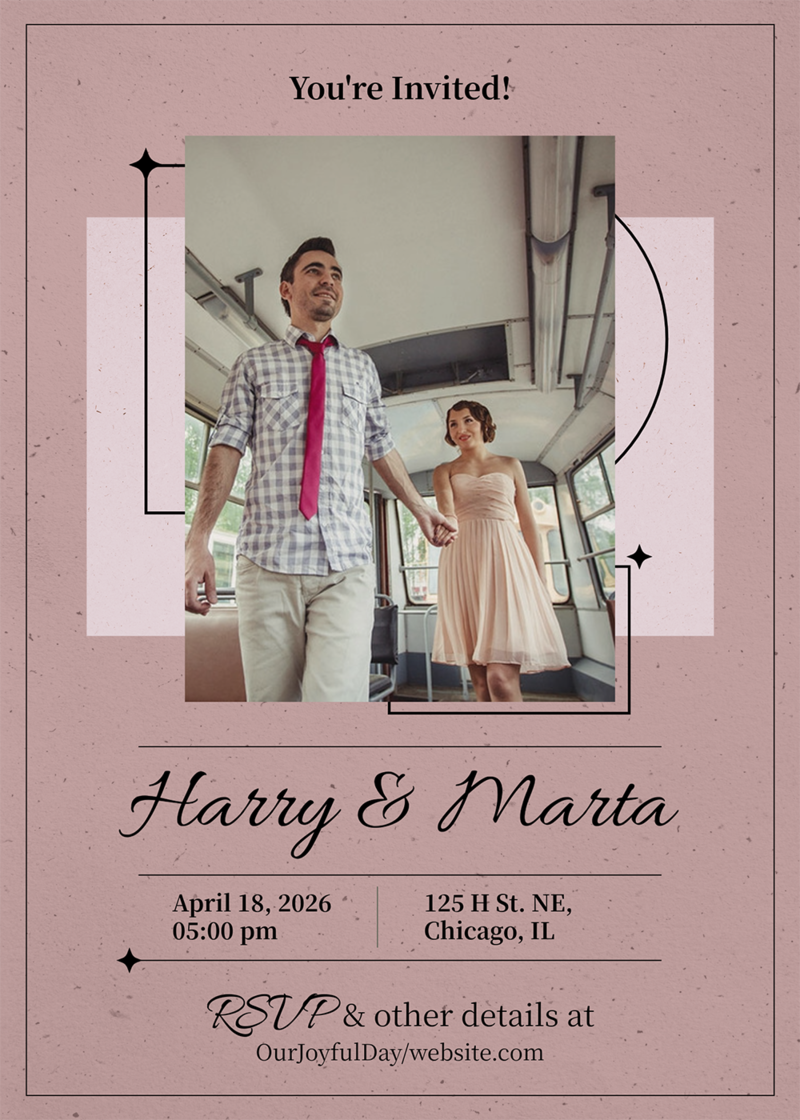 Second marriage wedding invite example with couples photo, details of wedding on a pink background