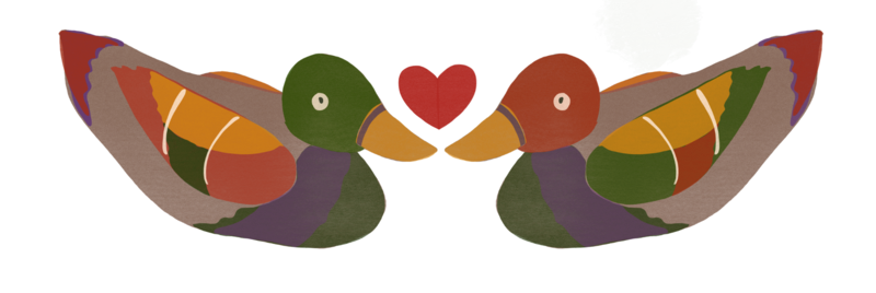 Illustration of two korean wedding ducks with colorful designs on white background, with heart above