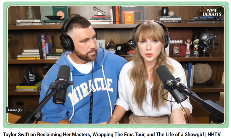 Travis Kelce and Taylor Swift chat on an episode of New Heights podcast