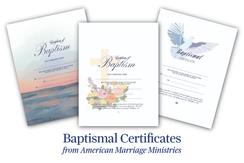 Product image of 3 beautifully designed baptismal certificates, including bible verses, dove, cross, and water baptism symbolism