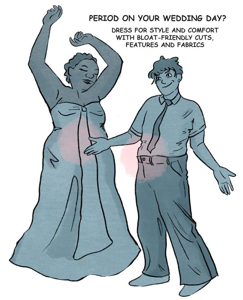 illustration of two people in wedding clothes, one in dress, one in slacks and shirt