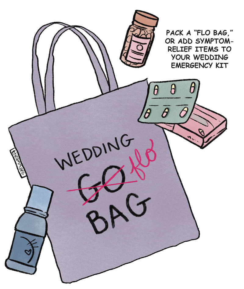 Illustration of a bag of period and pms supplies for wedding, labeled a wedding "flo bag"