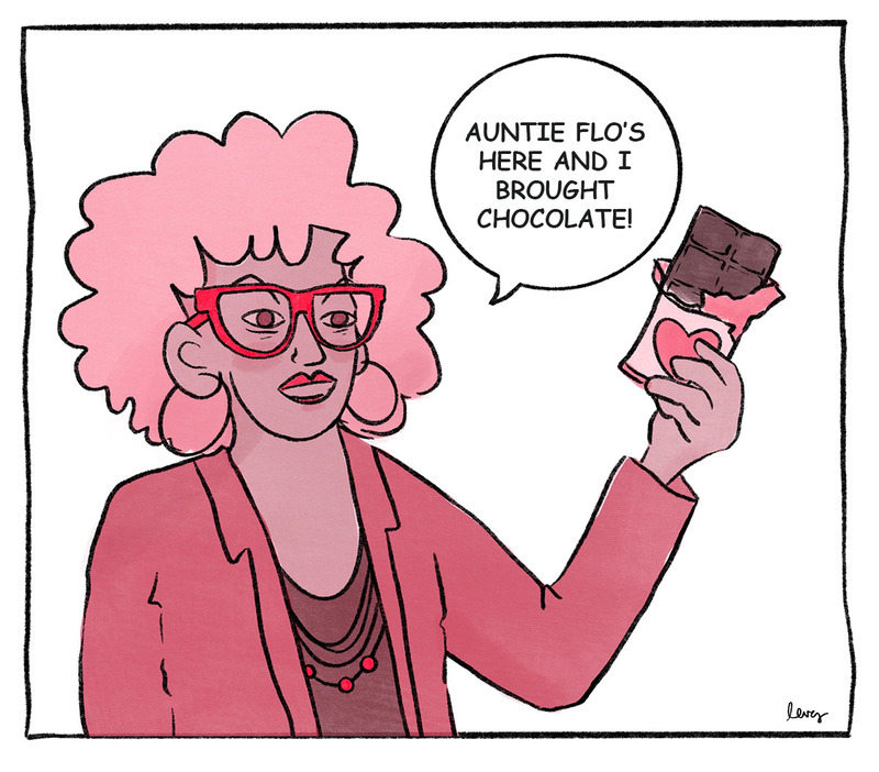 Illustration of a character, "Aunt Flo", symbolic of getting your period on wedding day. She holds up a candy bar and says, "Auntie Flo's here and I brought chocolate!"