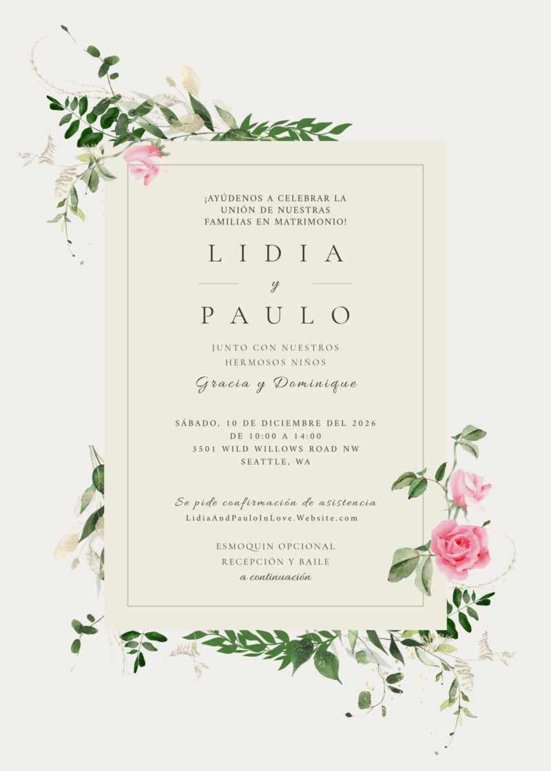 Ejemplo de invitación de boda, con rosas, texto decorativo con el nombre de la pareja y detalles de la boda.