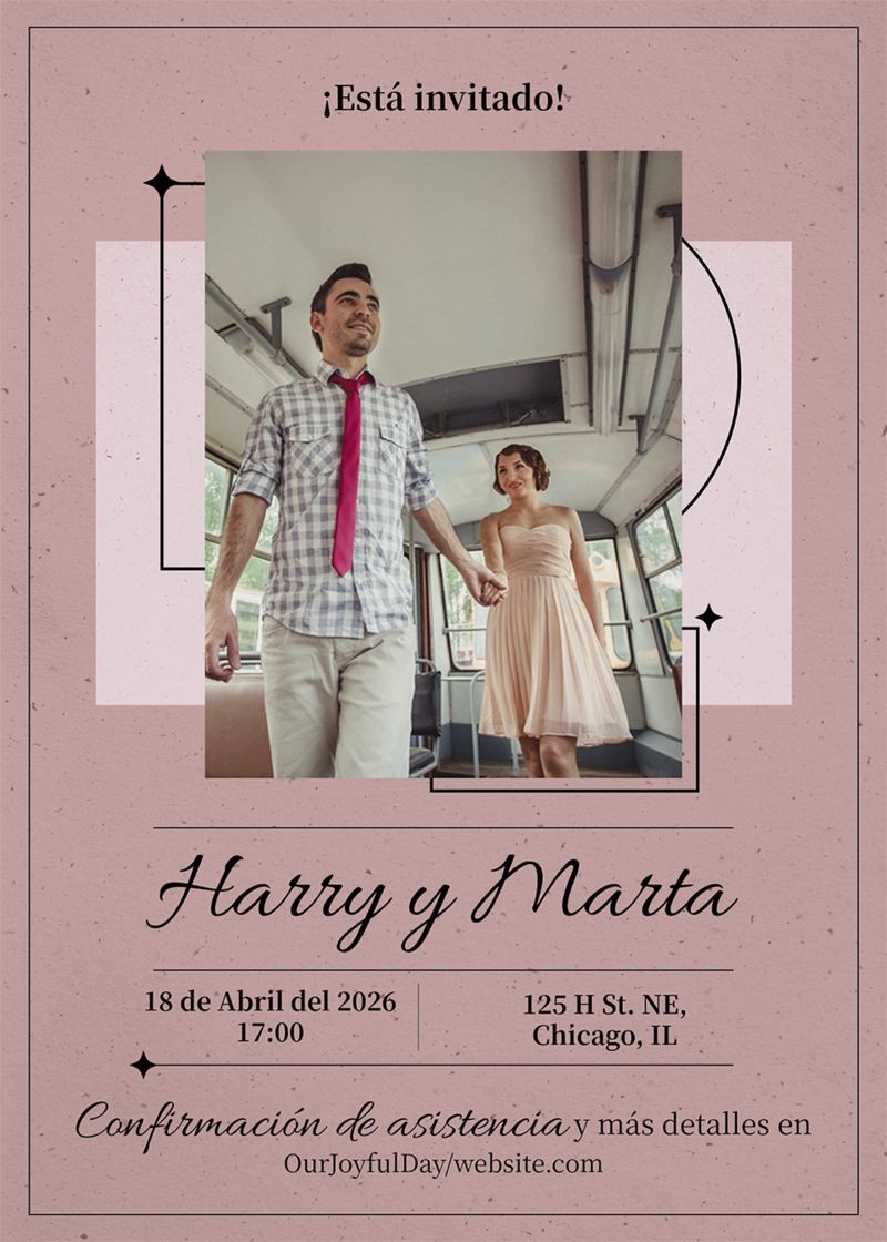 Ejemplo de invitación de segunda boda con foto de pareja y detalles de la boda sobre fondo rosa.