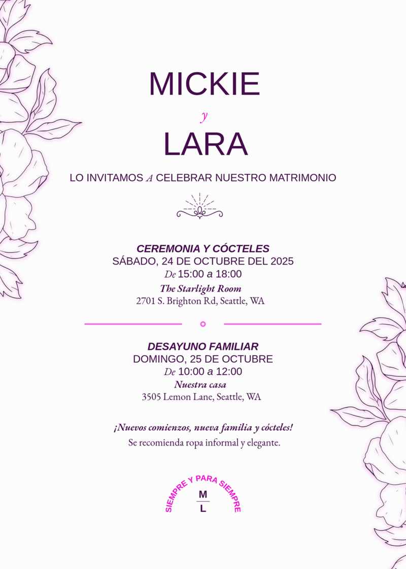 Letras elegantes y gráficos florales sobre un fondo blanco, toques de morado, fucsia y letras negras.