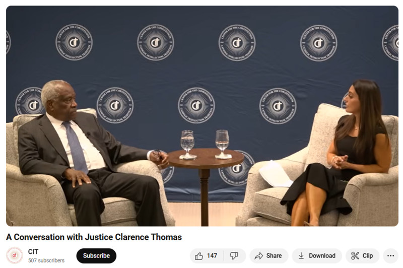 Screenshot of the recorded interview at CIT, shows Clarence Thomas speaking with Professor. 