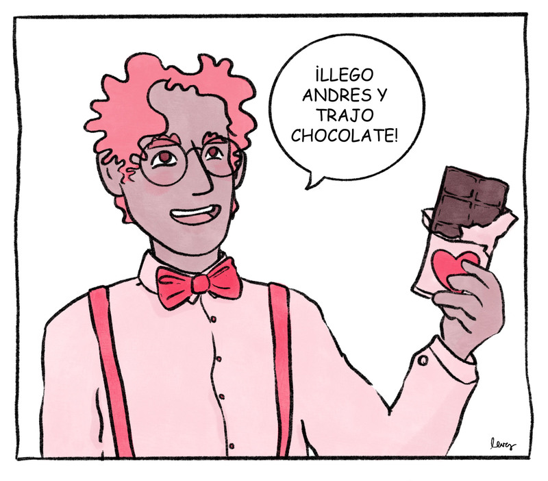 ilustración divertida, Andres el que viene cada mes, ¡chocolate!