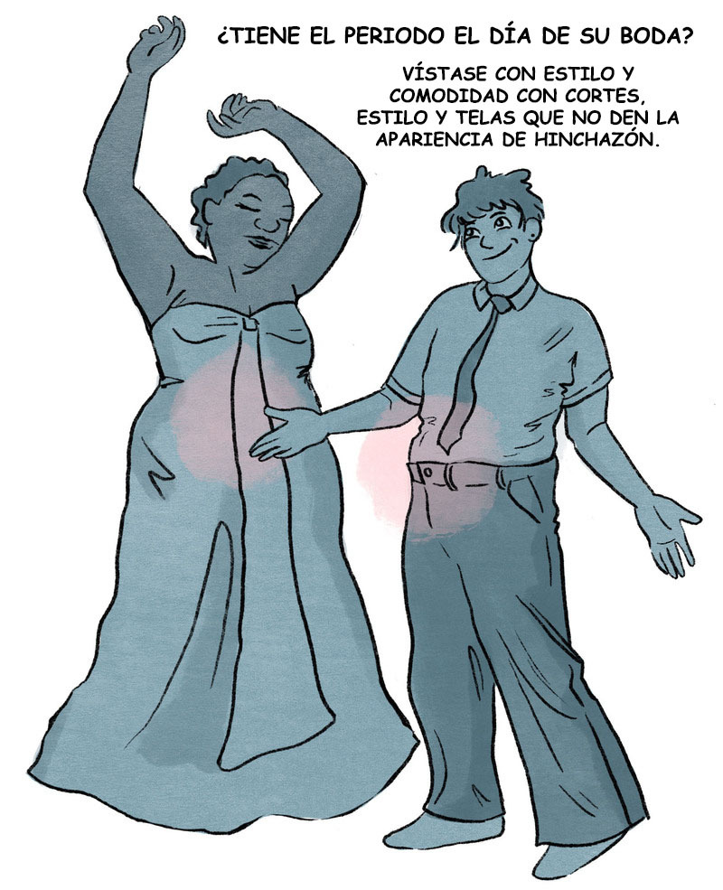Ilustración de dos personas vestidas de boda, una con vestido, otra con pantalones y camisa, bailando cómodamente.