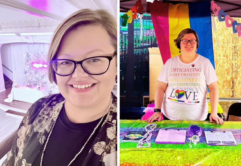 left, Officiant Brittany Wasson smiles at the camera taking a selfie, she has chin-length blond hair and glasses, right: Officiant Brittany stands at her booth at a wedding event wearing a colorful pride tshirt
