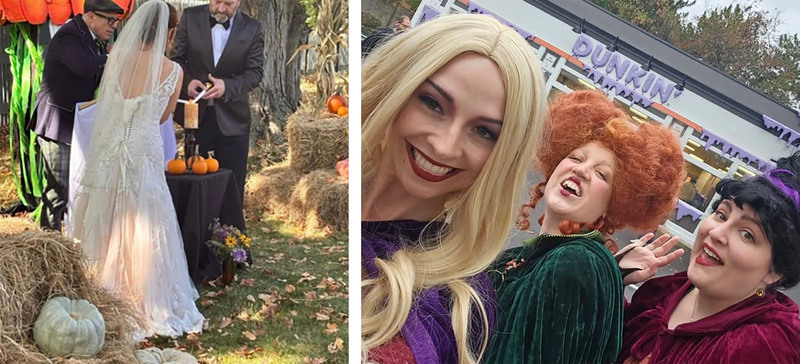 Left, the couple light the black flame candle during the wedding ceremony, right, characters Sanderson Sisters pose in costume in front of a donut shop