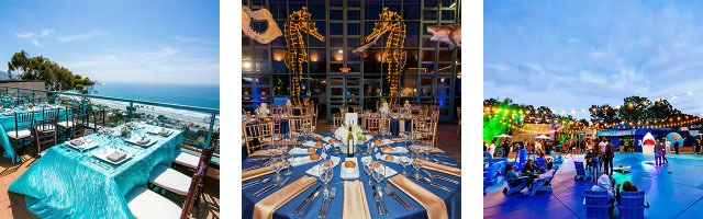 three photos from Birch Aquarium at Scripps for wedding venue locations