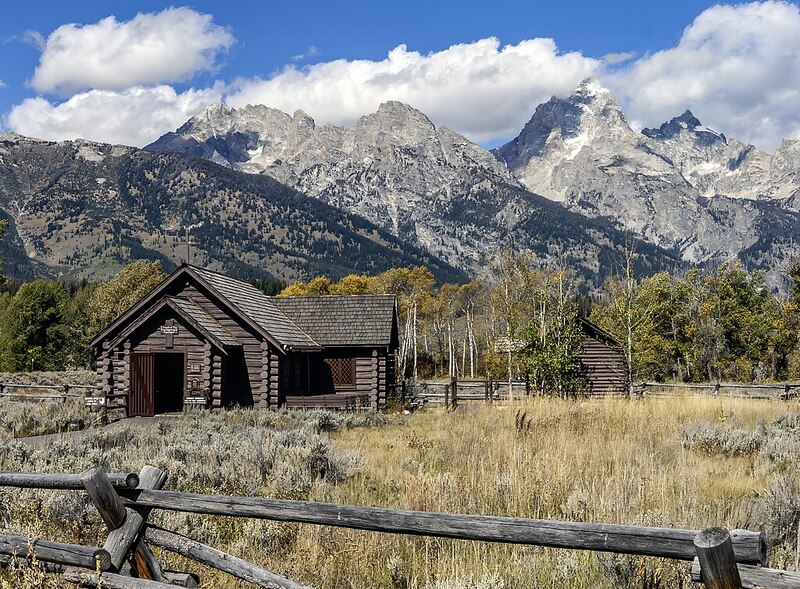 Chapel of Transfiguration in Grand Teton, with mountains behind