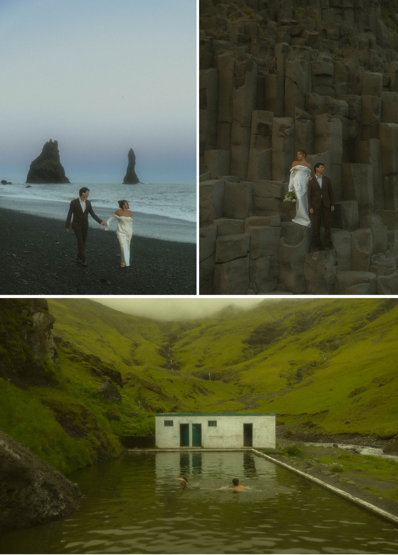 3 photos of a bride and groom in iceland during adventure wedding , adventure elopement, taken by photographer Sally Greishaber