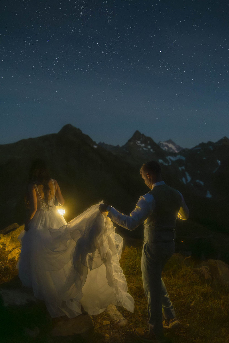Bride and groom at night