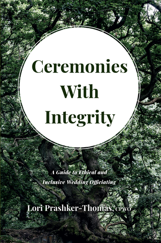Front cover of the book "Ceremonies with Integrity", title in a white circle against a photo of trees