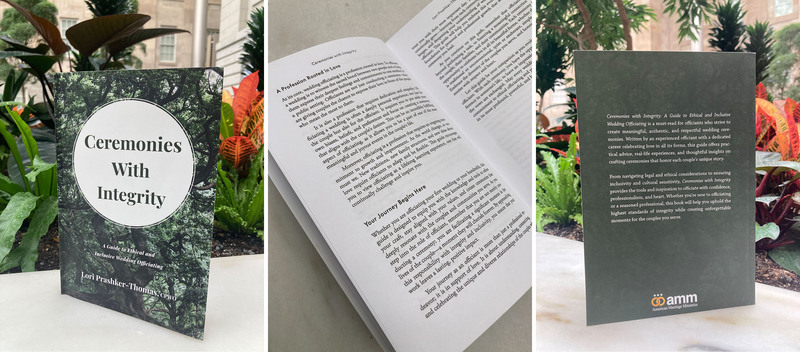 Three photos of the book taken in a natural setting on a marble bench, the front of the book, and interior page, and the back of the book