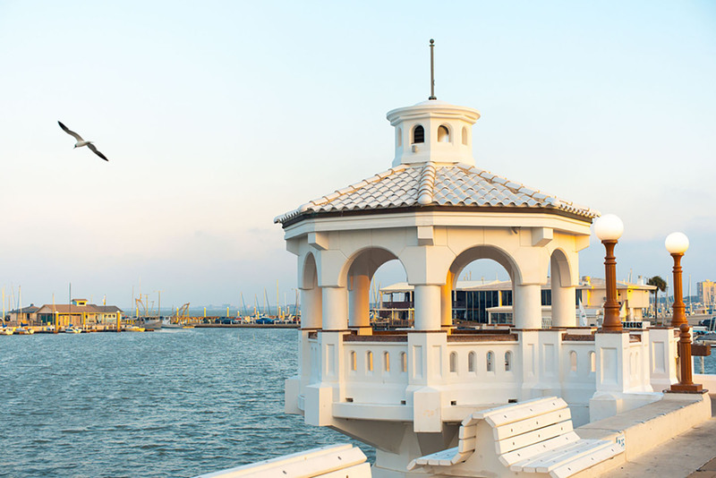 A small white gazebo overlooking the bay in Corpus Christi
