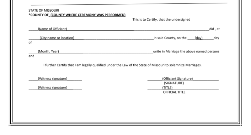 a simplified example of missouri marriage license, with directions on what to write in each section