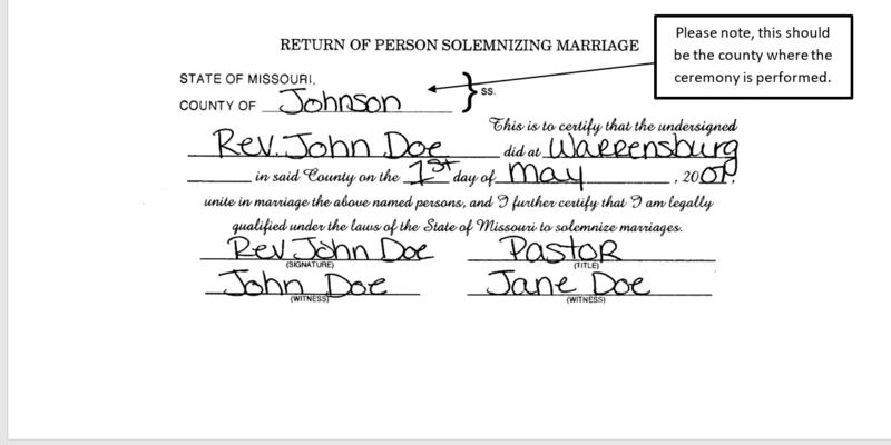 A sample Missouri marriage license, showing names written in, mock license