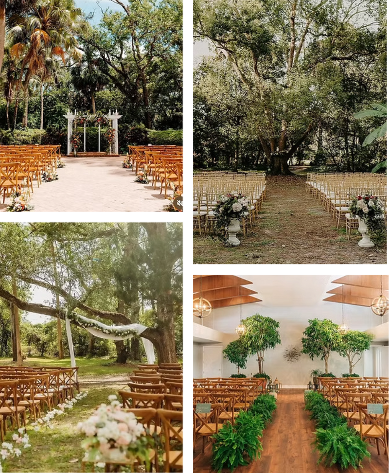 Beautiful ceremony spaces at The Garden Villa, collage shows trees, seating, in various areas