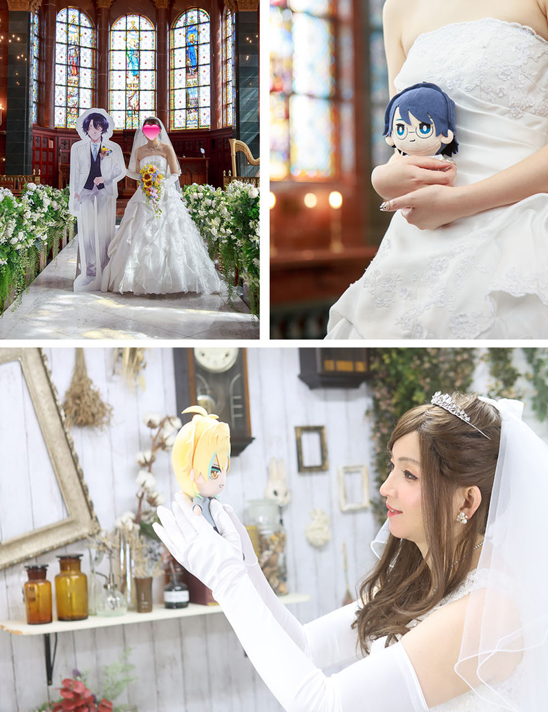 Collage of images from 2D weddings, human and fictional characters in symbolic commitment ceremonies