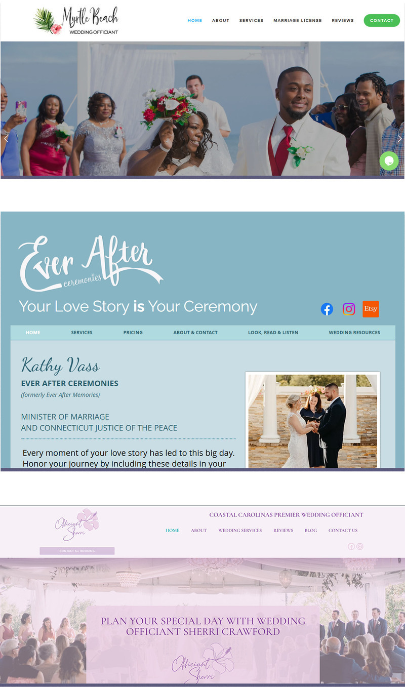 Collage de capturas de pantalla que muestran ejemplos de sitios web de empresas de oficiantes de bodas.