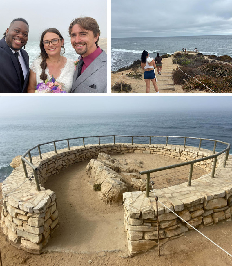 3 photos, Officiant Chris with newlyweds and views of the ceremony space at Treasure Cove