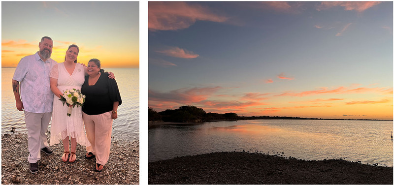En la foto de la izquierda, los recién casados ​​posan sonriendo junto a Renee Reyes, la oficiante de la boda en Corpus Christi; en la foto de la derecha, una hermosa puesta de sol en la playa Murph Park, Rockport, Texas.