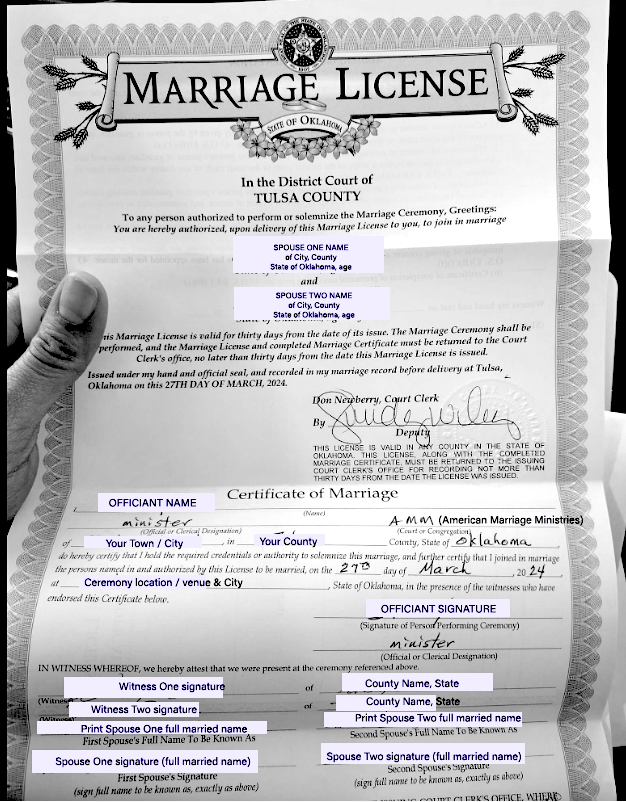 Oklahoma marriage license example