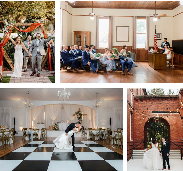 collage of images from historic venue 1902, indoor and outdoor weddings