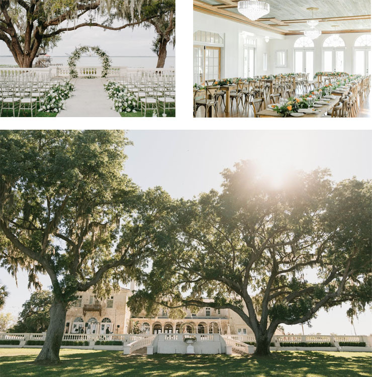 Collage of beautiful Bella Cosa wedding venue, lush trees, water views, upscale diningroom