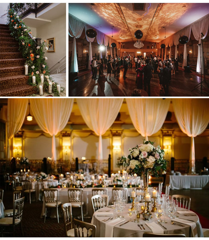 collage of images of Stan Mansion wedding venue, flowers on staircase, dance floor, upscale dining room