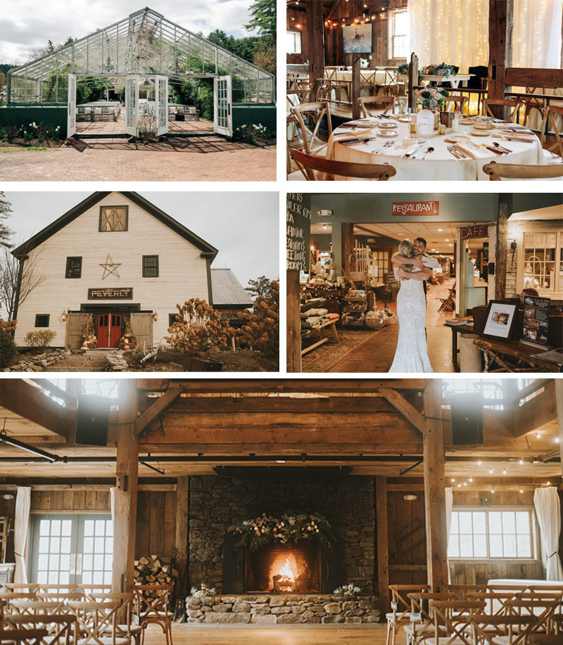 collage of venue photos showing a greenhouse, rustic barn, and rustic chic interior photos