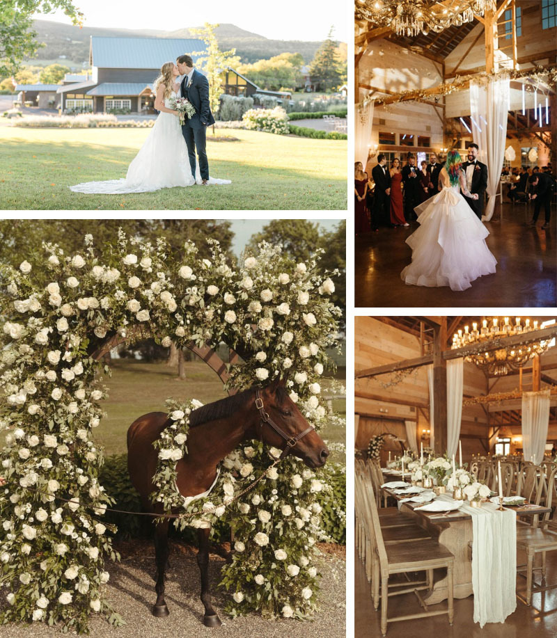 collage of photos from The Sablewood, outdoor farm scenes, a horse, indoor barn festivities