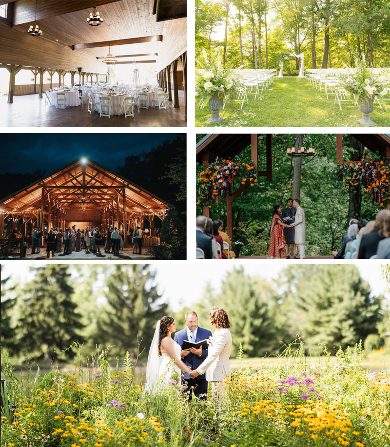 beautiful scenes from meadow ridge farm, lush green trees, the pavilion lit up at night