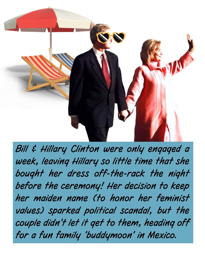collage art of Bill and Hillary Clinton, with beach chairs in the background
