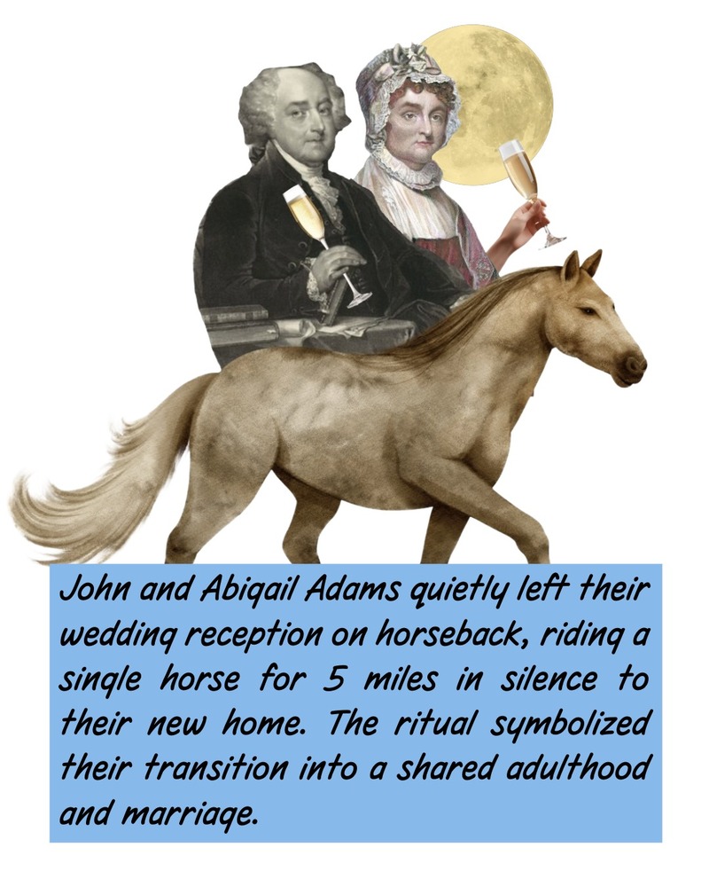 collage art of Abigail and John Adams riding a horse sipping champagne